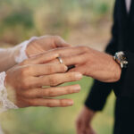 Bride and groom exchanging wedding rings